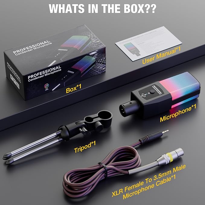 Multifunction Condenser Microphone, RGB Light Gaming Mic, 3.5mm XLR, Plug and Play for PC/Laptop/Audio Interface Mixer/Sound Card, Cardioid Studio Condenser Recording Mic for Podcast Streaming Singing