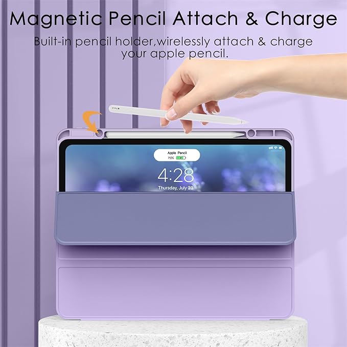 Soke Case for iPad Pro 12.9 Inch (6th/5th/4th/3rd Generation, 2022/2021/2020/2018) - Pencil Holder + Auto Sleep/Wake + Camera Protection, Transparent Shockproof Back Cover,Gray Purple