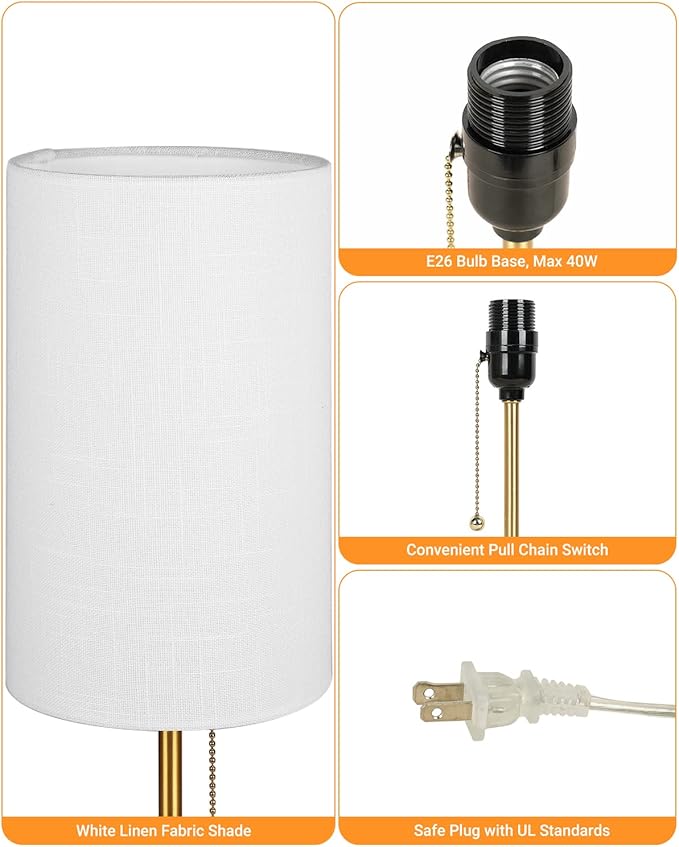 JUNNAI Table Lamps Set of 2, Gold Bedside Lamps, 3 Way Dimmable Nightstand Lamps with Marble Base & Linen Shade &Pull Chain,18.5 Inches Tall Skinny Desk Lamps for Bedroom Living Room(Bulbs Included)
