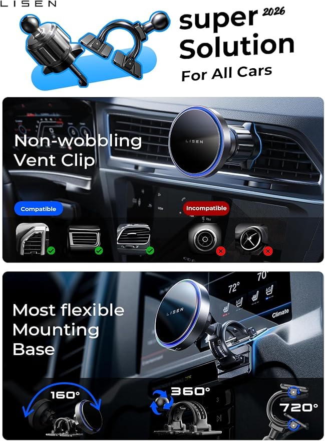 LISEN for 15W MagSafe Car Mount Charger,Magnetic Wireless Car Charger for iPhone 17 Pro Max Accessories,Magnetic Phone Holder for iPhone 17-12,Samsung,Pixel 9,Jeep Ford F150 Accessories,Gifts