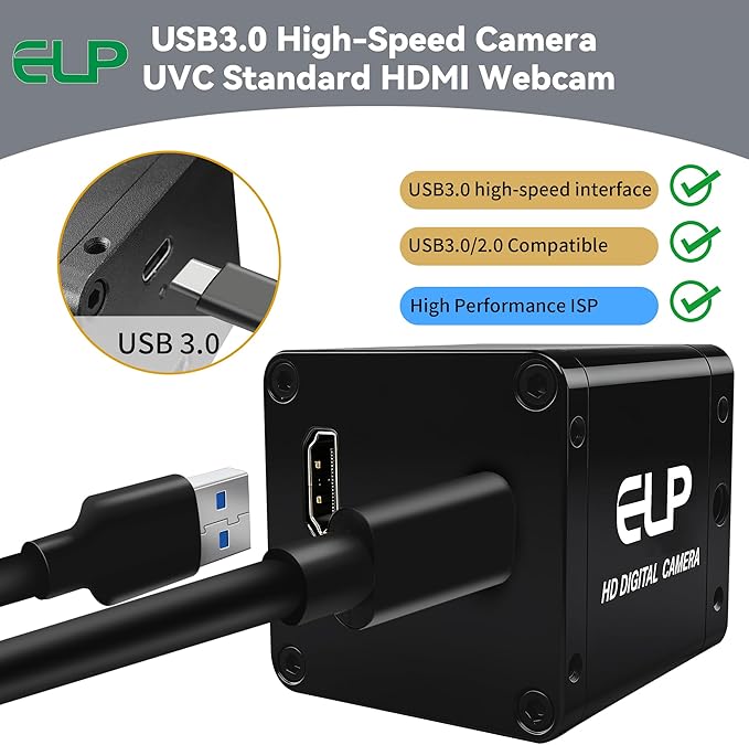 ELP 4K 60fps USB3.0 HDMI Camera H.264 Wide Angle High Speed UVC Lightburn Cameras for Computer Low Illumination Simultaneous Output PC Webcam M12 100° Web_Camera for Windows Linux Mac TV Projector