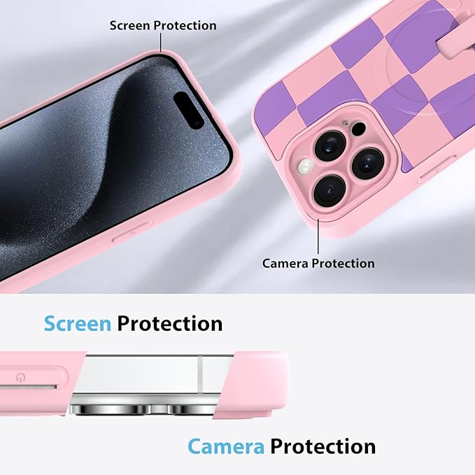 KANGHAR Compatible with iPhone 15 Pro Max Case, Support for MagSafe, Silicone Checkered Cute Pattern, Wristband Kickstand Camera Protection Soft Slim Cover for Girls Women -Pink