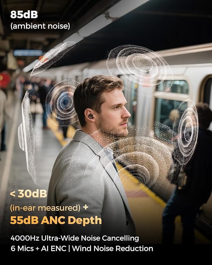 SoundPEATS H3 Hi-Res Wireless Bluetooth Headphones with LDAC, aptX Lossless, Triple Units, 55dB Active Noise Cancellation, 6 AI Microphones, Transparent Mode, BT5.4, APP, 37H, IPX5, Titanium Black