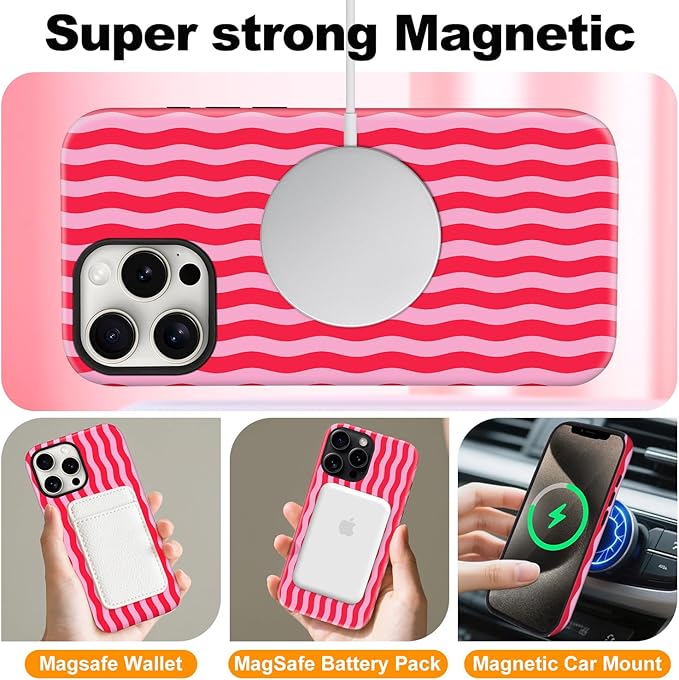 Magnetic for iPhone 15 Case Cute Wavy Stripes Phone Case, Shockproof Slim TPU and Hard PC Protective Phone Cover Compatible with MagSafe Designed for Women Girls, Red