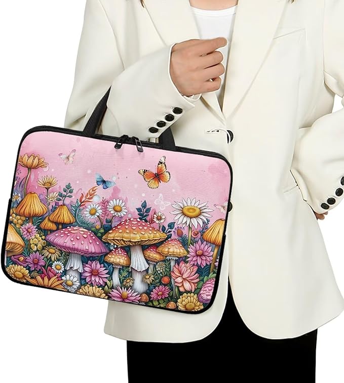 12 Inch Mushroom Butterfly Laptop Sleeve Cover Computer Bag Tablet Carrying Case with Handle, Water-Repellent Tote Bags Notebook Sleeves Handbag Messenger Briefcase Shoulder Bag