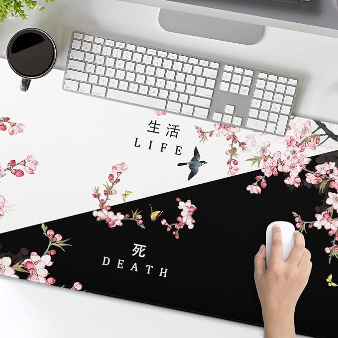 XXL Large Gaming Mouse Pad, Pink Sakura Death Life Extended Desk Pad Non-Slip Rubber Base 35.4x15.7in with Stitched Edges Waterproof Full Desk Pads Computer Gaming Mousepads for Work/Game/Office