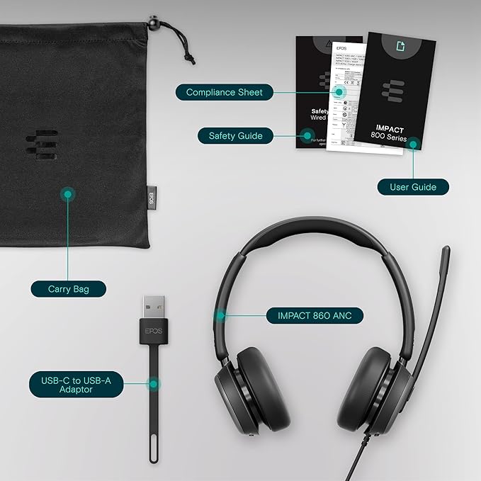 EPOS Impact 860 ANC Double-Sided Wired Headset with Active Noise Cancellation, USB C & USB A, Lightweight, Comfortable Fit, Microsoft Teams & Zoom Compatible for Office Work, Black