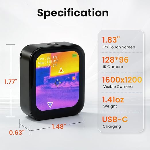 Small Thermal Imaging Camera for Home Inspection – 128×96 IR Resolution Thermal Camera for Wall Leak & Insulation Detection, Mini Thermal Imager for Beginner