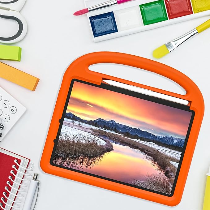 Kids Case for Apple iPad Air 11 inch M3/M2 & iPad Pro 11 inch M5/M4 (2025/2024) with Pencil Holder/Handle/Kickstand Lightweight Soft EVA Foam Shockproof Stand Girls Boys Cover, Orange Bird