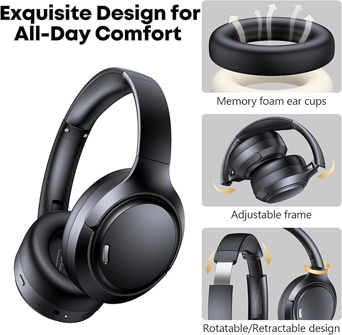 Hybrid Active Noise Cancelling Headphones 120H Long Playtime, 6 ENC Mic, Wireless Over-Ear Bluetooth 6.0 Headphones, Hi-Res Audio, Memory Foam Earcup, Transparency Mode ANC Headphone for Travel Office