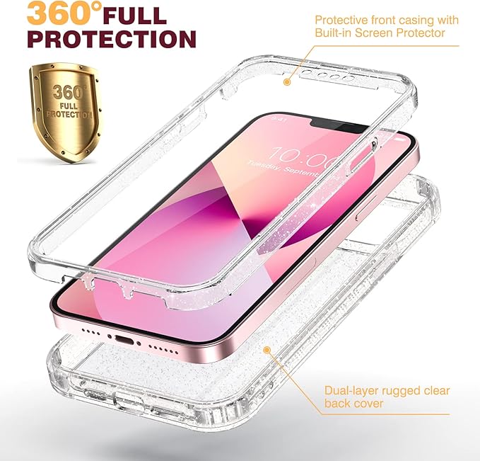 Diaclara Designed for iPhone 13 Case, Full Body Rugged with Built-in Touch Sensitive Anti-Scratch Screen Protector, Soft TPU Bumper Case for iPhone 13 6.1" (Clear Glitter)