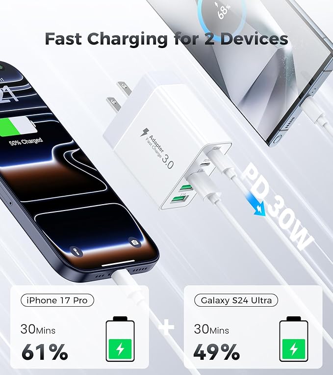 [2-Pack] 60W USB C Wall Charger,5-Port Fast USB C Charging Block 30W Type C Power Adapter,2USB C+3USB A Multiport Charging Cube USB A Wall Plug for iPhone 17/16/15 Pro Max Plus, MacBook,Samsung Galaxy