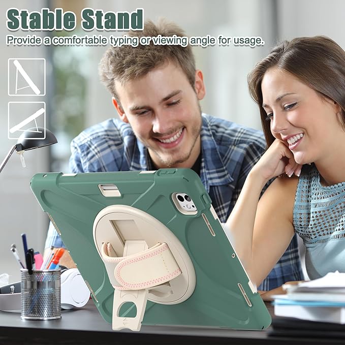 Batianda Case for iPad Pro 13-inch 2025 M5 2024 M4 Chip Heavy Duty Rugged Durability Silicone Tablet Cover with 360° Rotating Hand Strap Foldable Hidden Stand & Shoulder Strap, Sea Green