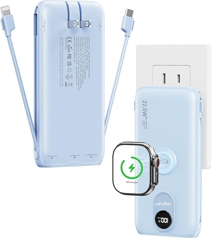 Portable Charger, 10000mAh 22.5W Power Bank Fast Charging with Wall Plug, Built-in Cables, LED Display, Compact Lightweight USB C Travel Battery Pack for iPhone 17/16, Android Cell Phone, Pad, iWatch