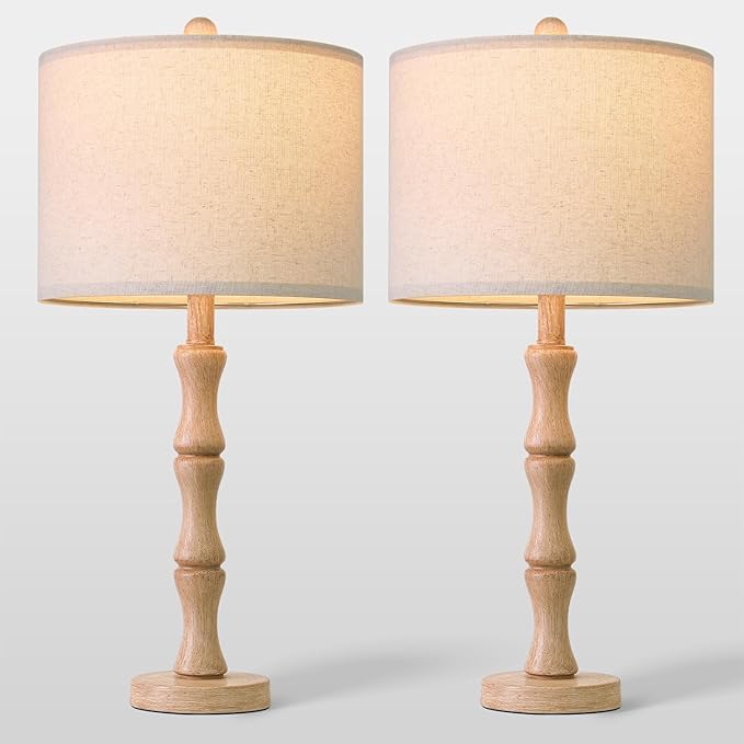 BOBOMOMO 25" Farmhouse Table Lamps Set of 2, Rustic Nightstand Lamps with Wood Grain Resin Base & Linen Shade, Standard Table Lamps for Bedroom, Living Room, Reading Nock & House Décor
