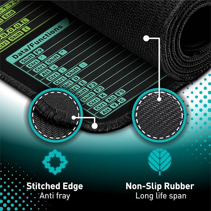 Pixiecube Excel Shortcut Keys Mouse Pad - Extended Large XXL Cheat Sheet Gaming Mousepad | PC Office Spreadsheet Keyboard Mat | Non-Slip Stitched Edge