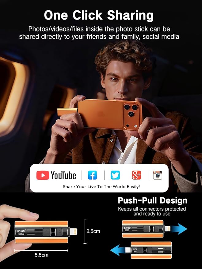 EATOP 256GB Dual Interface Flash Drive, No App Required, Portable USB Storage Memory Stick for iPhone, iPad, Android, PC & Mac – Easily Stores Photos, Videos & Files (Orange)