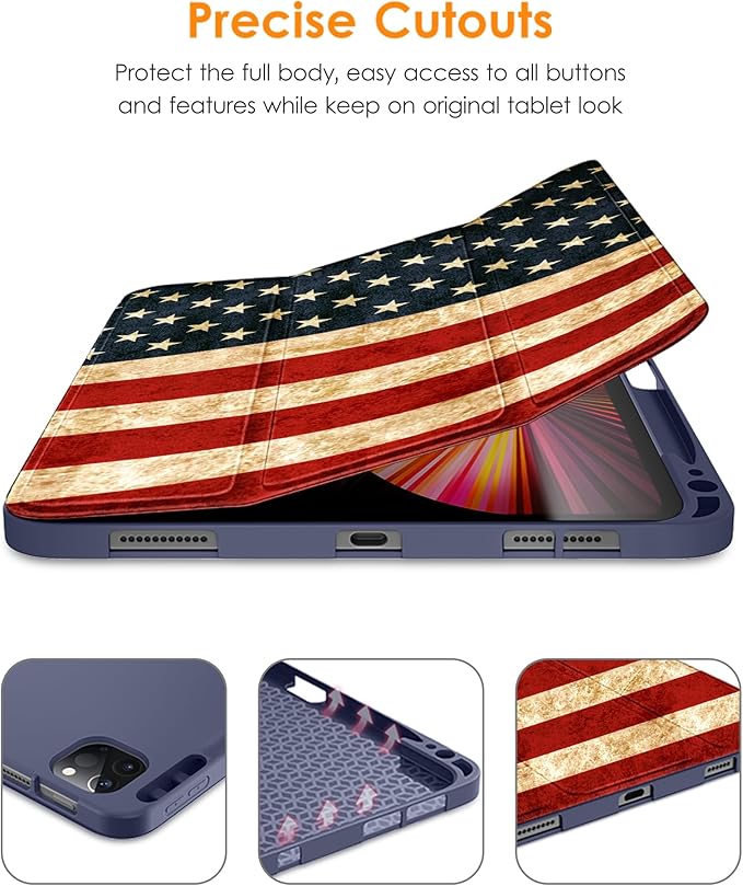 DTTO for iPad Pro 11 inch 4th/3rd/2nd/1st Generation 2022/2021/2020/2018 Case, Smart Slim Trifold Stand Soft TPU Back Cover with Built-in Pencil Holder, Also Fit iPad Air 5/4,US Flag
