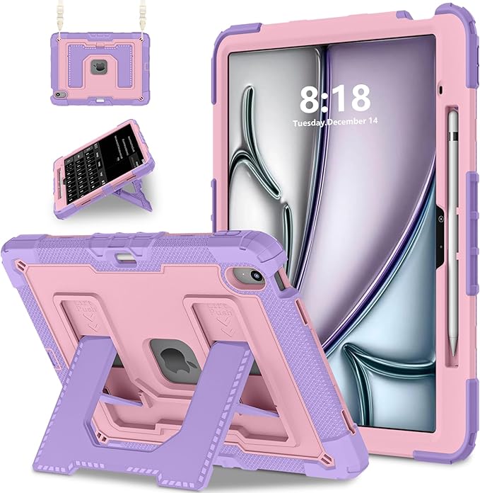 Kids Friendly Case for iPad Air 13 Inch M4 M3 M2 2026/2025/2024 Case with Pencil Holder & Shoulder Strap, Military Grade Shockproof Kickstand Hard Shell Protective Cover,Pink+Purple