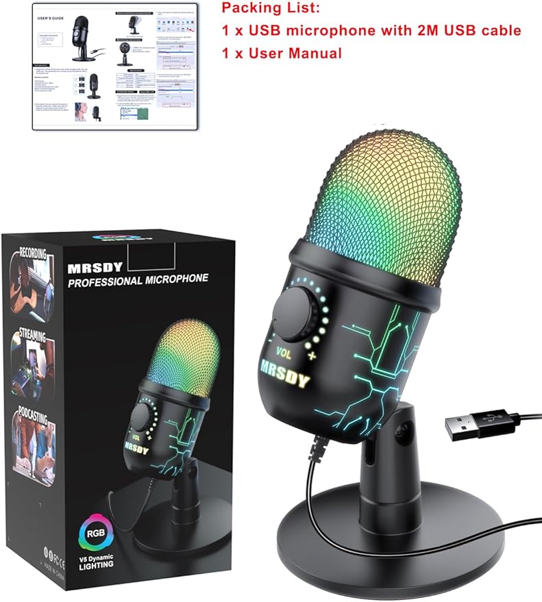 MRSDY Gaming Microphone, USB Computer Microphone for PC, Mac, PS4/5, Condenser Podcast Mic for Studio Recording, YouTube, Streaming, with Headphone Jack, Led Light, Mute, Gain, Noise Cancellation