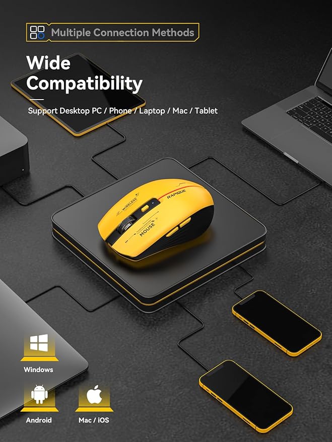 RAPIQUE Bluetooth Wireless Mouse - (BT1/BT2+USB Receiver) Tri-Device Compatibility for PC, Laptop, Computer, MacBook, Tablet (Black and Yellow)