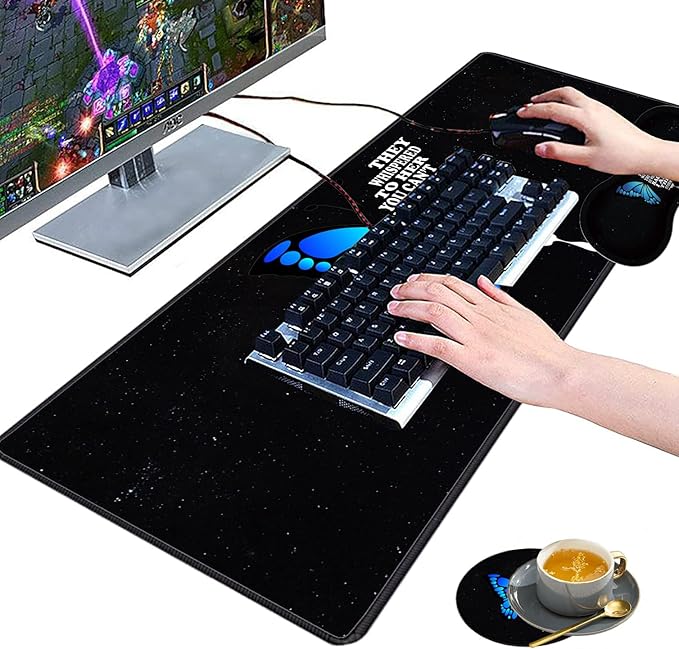 3 Piece Mouse Pad Set with Stitched Edge Large Anti-Slip Mouse Pad Desk Pad Keyboard Pad + Wrist Rest Pad + Coaster, Memory Foam Wrist Rest for Office/Home - Starry Sky Butterfly