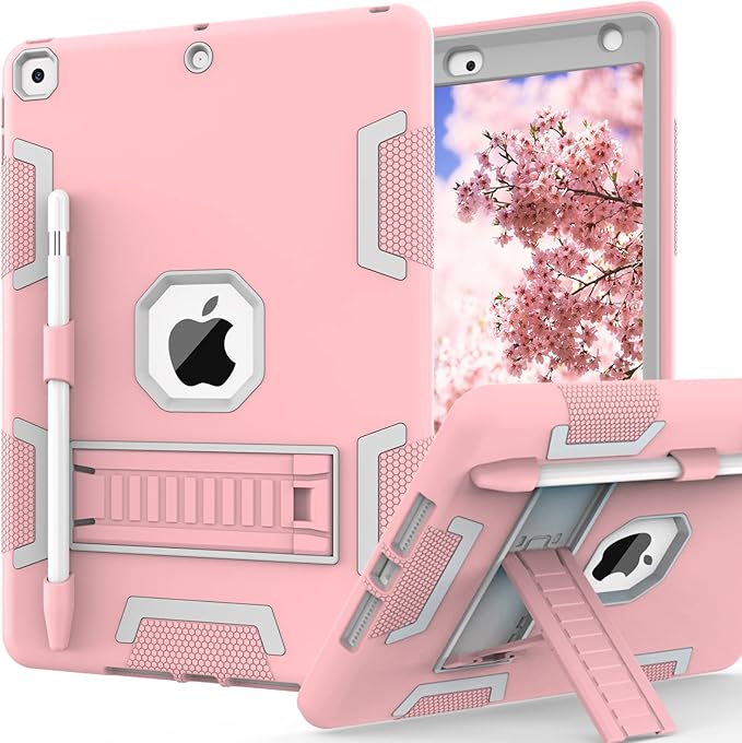 CCMAO Case for iPad 9th/8th/7th Gen, iPad 10.2 2021/2020/2019 with Kickstand & Pen Holder, Hybrid Heavy Duty Shockproof Protective Case, Rose Gold+Gray