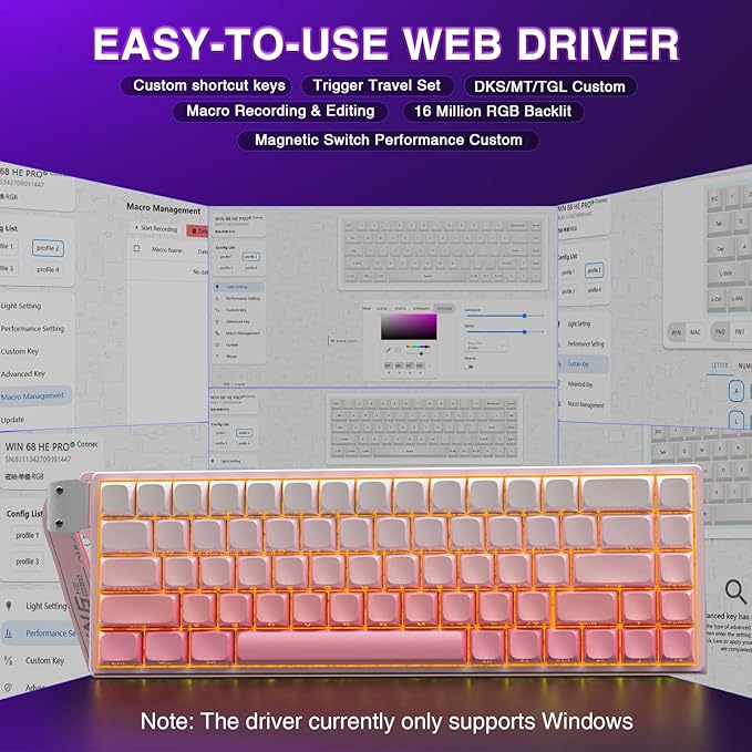 AULA WIN68 HE Mechanical Gaming Keyboard 60%, Hall Effect Magnetic Switch, Fast Trigger Mode Adjustable Actuation, 8000Hz Polling Rate, RGB Backlit, Wired Pink Keyboard for Laptop/PC Gamer