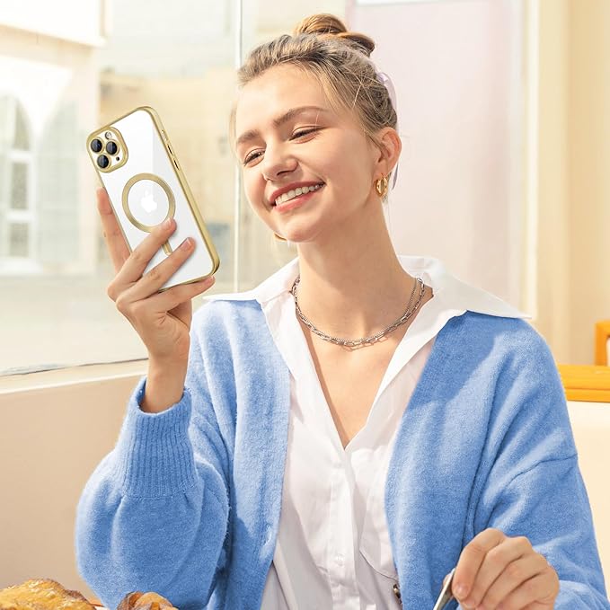 Hython Magnetic Clear for iPhone 11 Pro Max Case with Camera Lens Protector [Compatible with MagSafe] Plating Edge Slim Soft TPU Cover Protective Phone Case for iPhone 11 Pro Max 6.5", Matte Gold