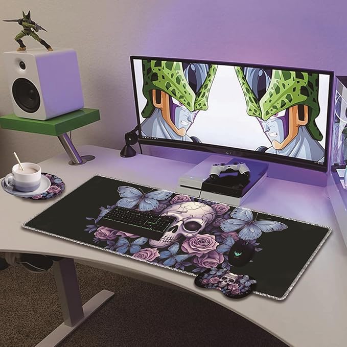 Extended Non-Slip Mouse Pad + Mouse Wrist Rest + Lace-Shaped Coaster Set, Ergonomic Design, Suitable for Desk and Home Gaming Table Mat, Skull Butterfly Roses