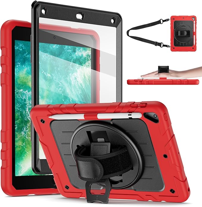 Case for iPad 6th/5th Generation 9.7'' with Screen Protector Pencil Holder [360 Rotating Hand Strap] &Stand, Drop-Proof Case for iPad 6th/5th/ Air 2/ Pro 9.7 (Red&Black)