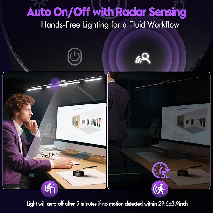 Quntis 32.5" Architect Desk Lamps for Office Home Dorm - Eye Care 3 Light Bar 1100LM Bright, Ambient Backlight, Radar Sensor, Remote Control, 2H Timer, Workbench Drafting Reading Video Conference Task