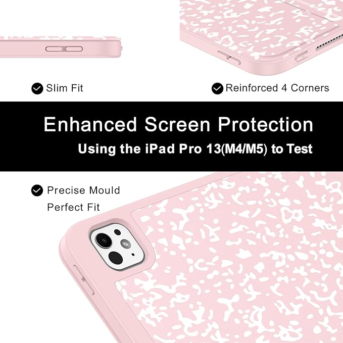 Soke Case for New iPad Pro 13 Inch (M5/M4, 2025/2024 Release), with Pencil Holder Trifold Stand Shockproof [Support Apple Pencil Charging + Auto Wake/Sleep], Soft TPU Back Cover, Book Pink