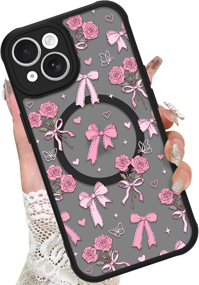 KANGHAR Case Compatible with iPhone 15 Plus Bows Bouquet Pattern [Compatible with Magsafe] Cute Flowers Florals Protective Magnetic Case for Girls Women Men