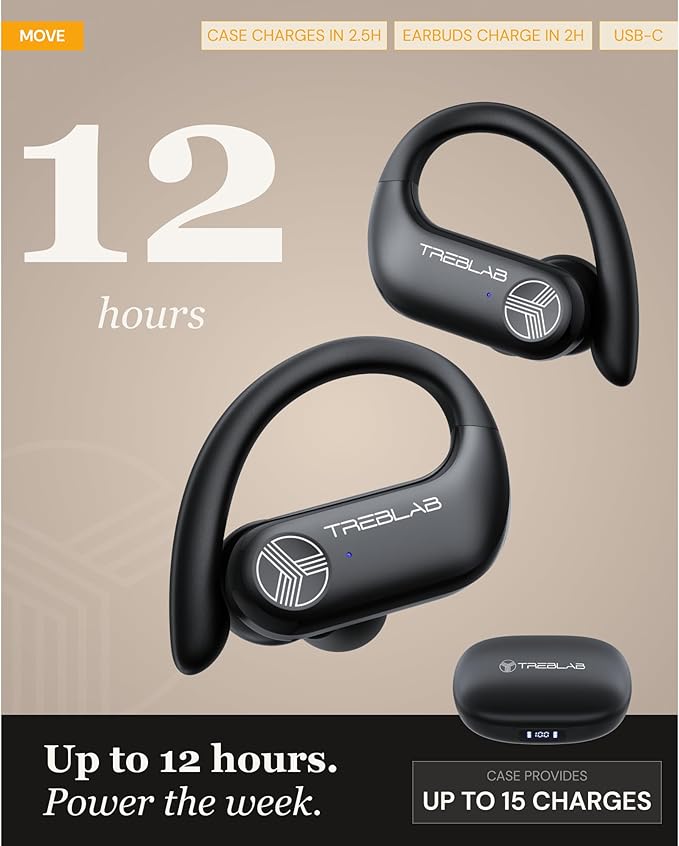 TREBLAB X3 Pro - Sports Wireless Ear Buds Bluetooth - Comfortable Workout Headphones with Secure Ear Hooks, 12H Long Battery Life, IPX5 Sweatproof Earphones, Noise Isolation Over Ear Earbuds