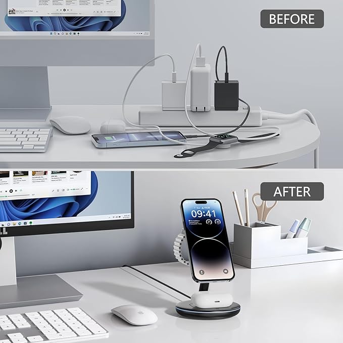 QWOSE 2026 3 in 1 Charging Station for Apple iPhone AirPods Watch with Mag-Safe Charger Wireless Charger Stand for iPhone 17 16 15 14 13 12 Series AirPods iWatch Series - Gifts for Wife & Husband