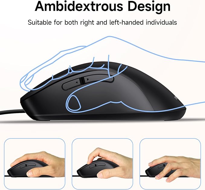memzuoix Wired Mouse, USB Computer Mouse 1400 DPI Mobile Optical Mouse Ergonomic Design Computer Mice with 5FT Cord for Laptop, PC, Desktop, MacBook, 5 Buttons (Black)