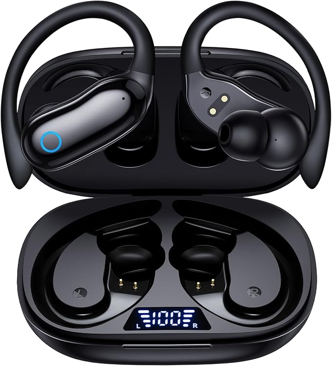 GNMN Active Noise Cancelling Ear Buds Wireless Earbuds 96hrs Playback Bluetooth Headphones Dual Battery Display Stereo Bass Earphones with Earhooks Microphone IPX7 Waterproof for Sports/Runing/Workout