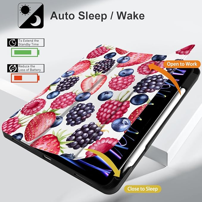 MEEgoodo for iPad Pro 12.9 Case M2 6th/5th/4th/3rd Generation 2022 2021 2020 2018 with Pencil Holder, Tablet Cover with Soft TPU Back Shell, Fresh Berries Pattern