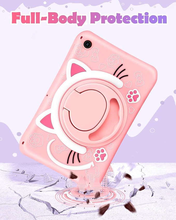 Wazzasoft for Samsung Galaxy Tab A9 Plus Case 11” Girls Cute Cat Kawaii Cover Girly 3D Cartoon Women Kitten with Rotating Handle Stand & Strap Soft Silicon Funda for Samsung A9 Plus Tablet Case