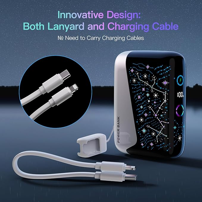 2026 "Galaxy" Portable Charger with Built in Cables, 12000mAh Portable Charger, Travel Essentials Power Supply 3A High Speed Power Bank for iPhone Samsung Pixel Moto - Gifts for Your Family & Friends