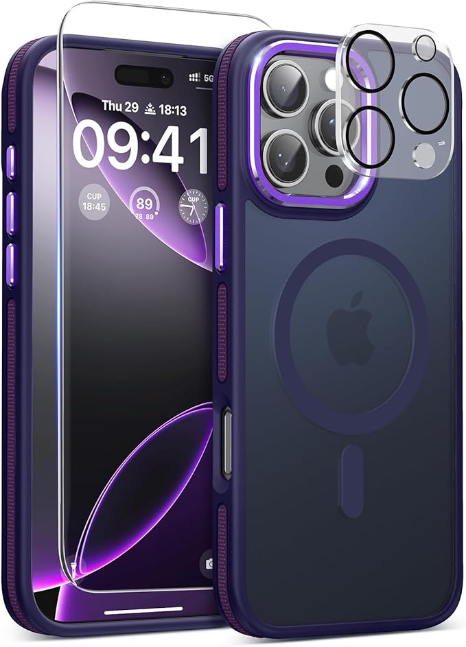 Magnetic 3 in 1 for iPhone 16 Pro Case, [Omni-Directional Protection] with 1x Screen Protector + 1x Camera Cover, [Seamless Work with Magsafe] Shockproof Slim Thin Matte Case for iPhone 16 Pro Purple