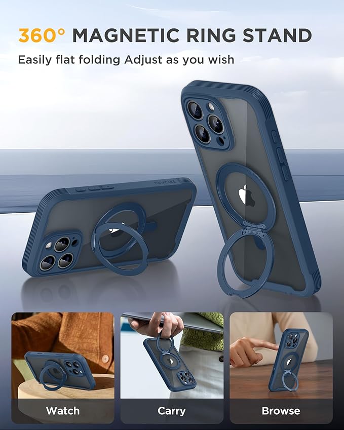 Miracase for iPhone 16 Pro Max Case with 360° Magnetic Ring Stand [Compatible with Magsafe] Full-Body Drop Proof Bumper Phone Case with Built-in 9H Tempered Glass Screen Protector,Blue