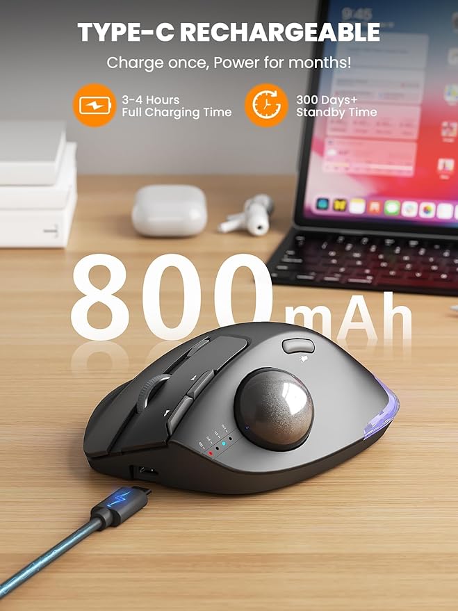 SABLUTE MAM1 Pro Ergonomic Wireless Trackball Mouse, Adjustable 0°/18° Angle, Thumb Control, Quiet Clicks, 3 Multi-Device Bluetooth & USB Receiver, Rechargeable Mouse for Office, Windows Mac