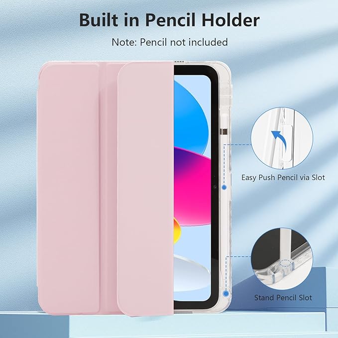 Case for iPad A16 11th Generation 11 Inch 2025, iPad 10th Generation 10.9 Inch 2022, Hybrid Protective Cover with Pencil Holder, Clear Transparent Back Shell Anti-Yellowing Case, Pink