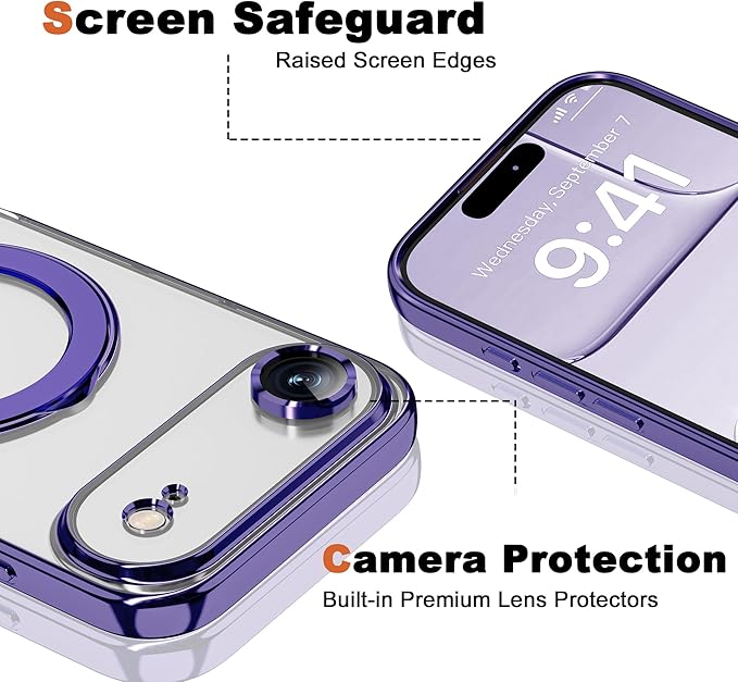 Compatible with iPhone 17 Air Case with Invisible Magnetic Ring Stand [Compatible with Mag-Safe] [Full Camera Lens Protector] Plating Clear Phone Case for iPhone 17 Air 6.5", Purple