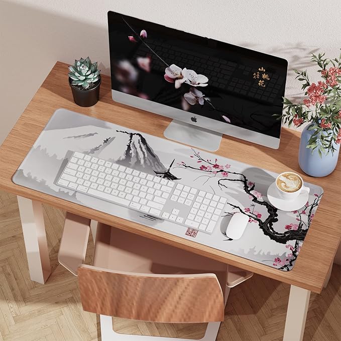 ETZ Japanese Cherry Blossom Mouse Pad (31.5 × 11.8 × 0.12 inch) Extended Large Mouse Mat Desk Pad, Stitched Edges Mousepad,Non-Slip Rubber Base,Gaming Mouse Pad