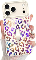 KANGHAR Compatible with iPhone 17 Pro Case, Support for MagSafe, Silicone Cute Iridescent Leopard Cheetah Pattern, Wristband Kickstand Shockproof Protective Slim Cover for Women Girls, White
