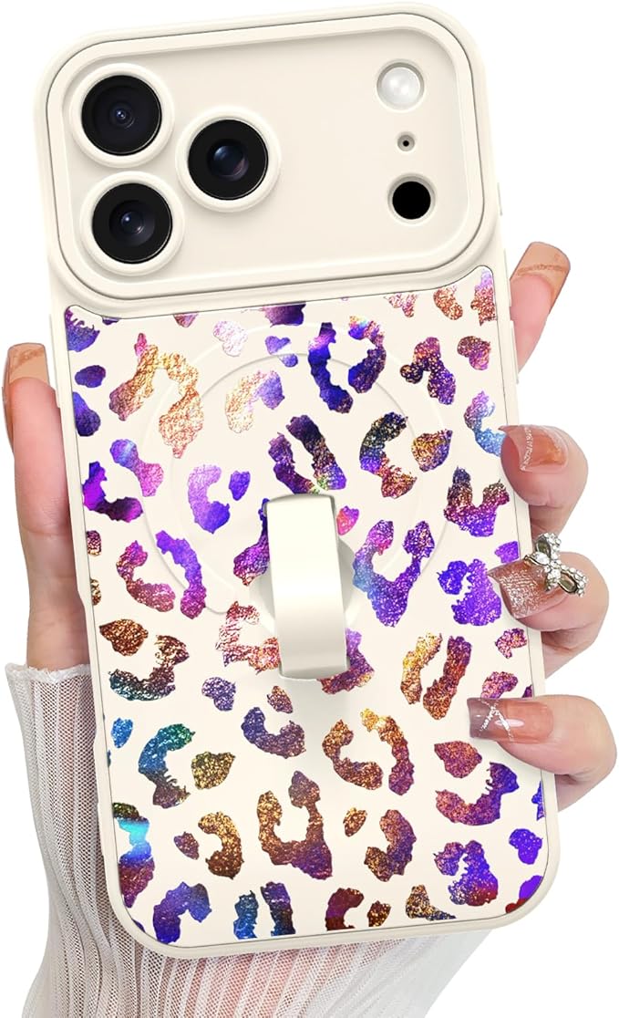 KANGHAR Compatible with iPhone 17 Pro Case, Support for MagSafe, Silicone Cute Iridescent Leopard Cheetah Pattern, Wristband Kickstand Shockproof Protective Slim Cover for Women Girls, White