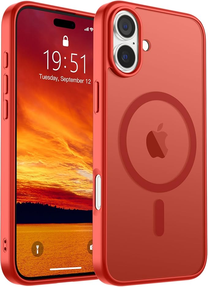 SUPFINE Magnetic for iPhone 16 Plus Case (Compatible with MagSafe) (Military Grade Drop Protection) Slim Translucent Matte Shockproof with Anti-Fingerprint Phone Case, Red